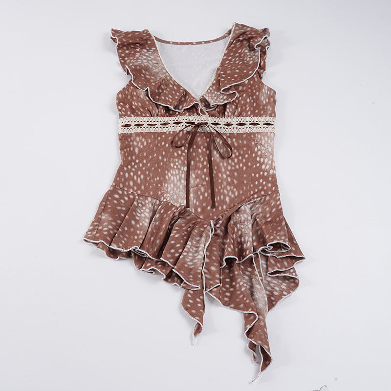 Damen asymmetrisches Sommerkleid mit Rüschen und Spitzenakzenten Drune