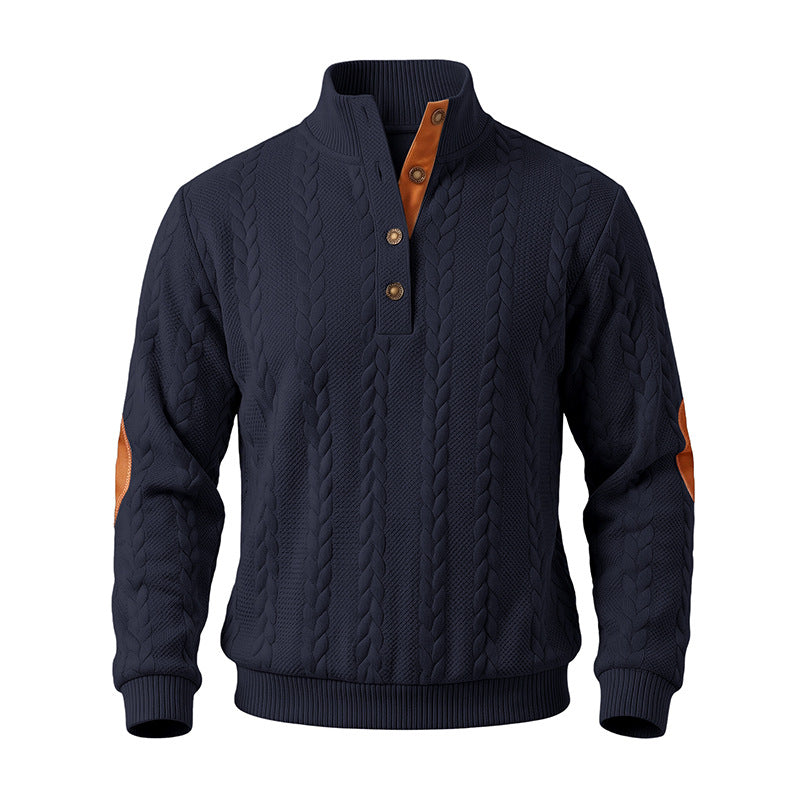 Herren Troyer-Pullover mit Zopfmuster, Ellbogen‑Patches und kontrastierter Knopfleiste Drune