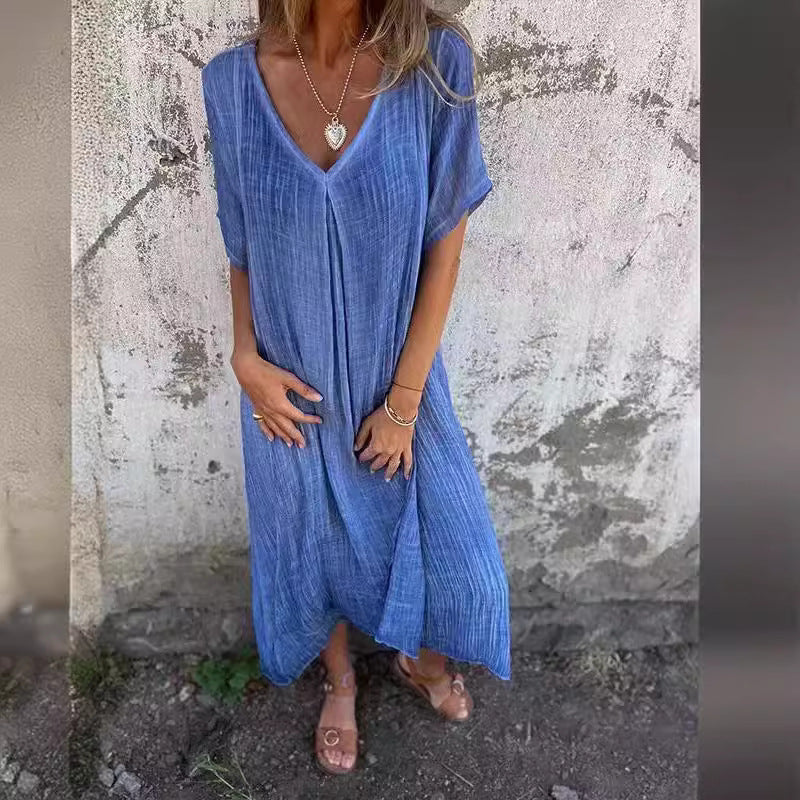 Damen lässiges Leinenkleid mit V-Ausschnitt und seitlichen Taschen Drune