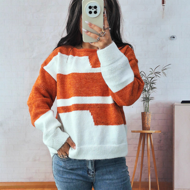 Damen Grobstrickpullover mit modischem Streifenmuster und weitem Schnitt Drune