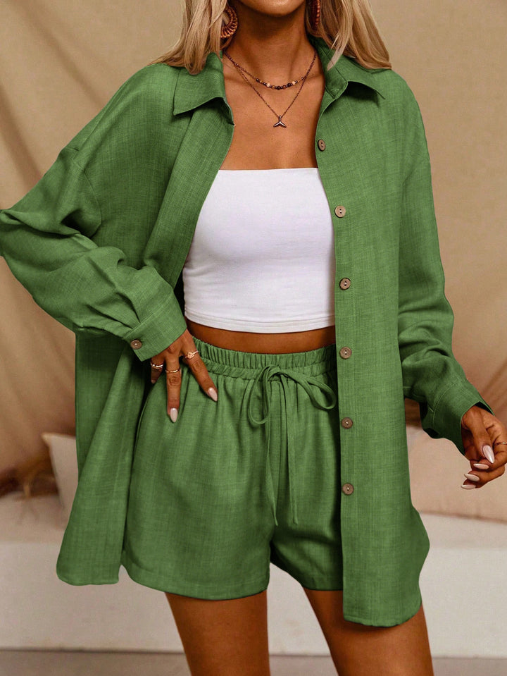 Damen lässiges Set aus oversized Hemd und kurzen Shorts Drune