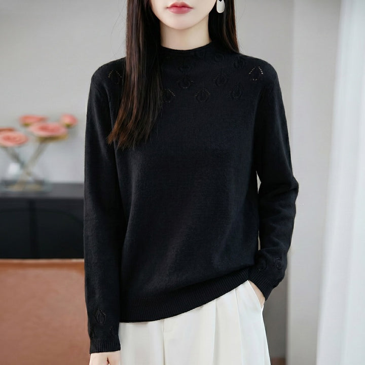 Damen Leichter Stehkragenpullover mit floralem Ajour‑Yoke und feiner Rippkante Drune