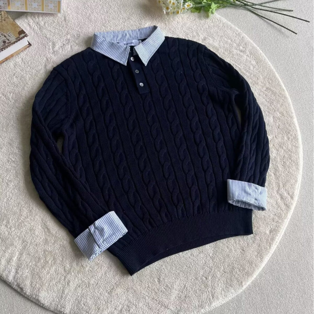 Damen Modischer Grobstrickpullover mit attraktivem Hemdkragen Drune