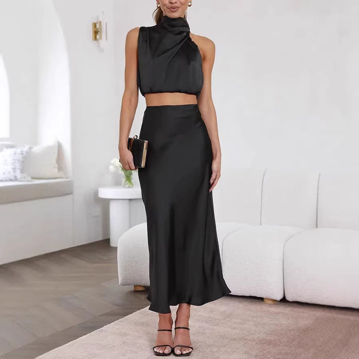 Damen elegante Zweiteiler mit ärmellosem Oberteil und schwingendem Rock Drune