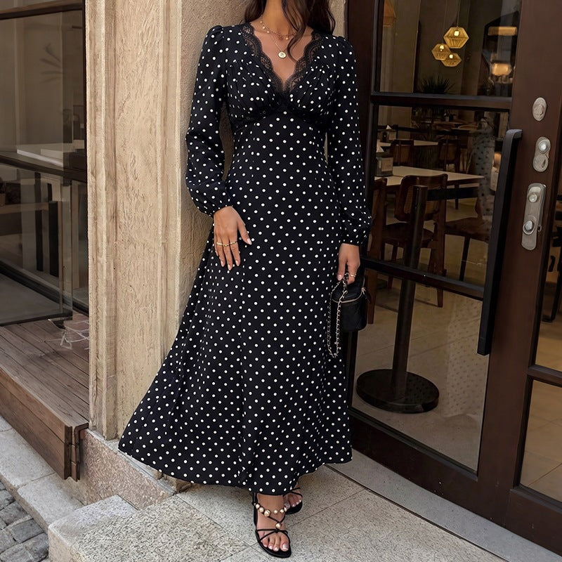 Damen Polka‑Dot Maxikleid mit Spitzen‑V-Ausschnitt, Empire‑Taillenlinie und langem Fließrock Drune