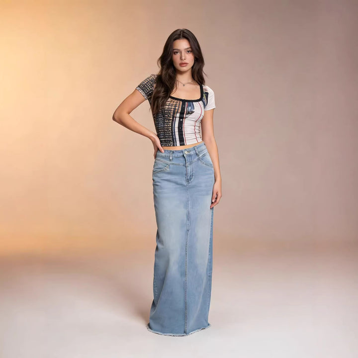 Damen nan langer High-Waist Denim-Maxirock mit gerader Silhouette und rohem Saum Drune