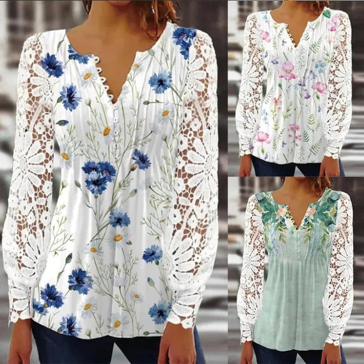 Damen Floral Viskosemischung Bluse mit Häkelärmel und V-Ausschnitt Drune