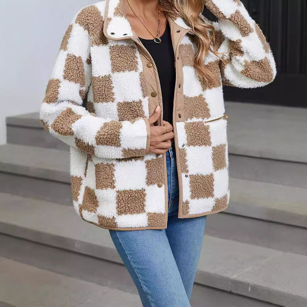 Damen flauschige Karojacke mit praktischen Taschen und Knopfverschluss Drune