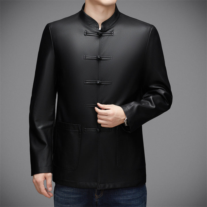 Herren Lederjacke mit asiatischem Stehkragen und praktischen Taschen Drune