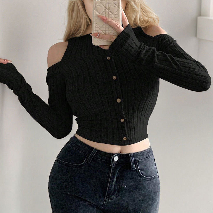 Damen cropped Langarm-Pullover mit schulterfreien Details und Knopfverschluss Drune
