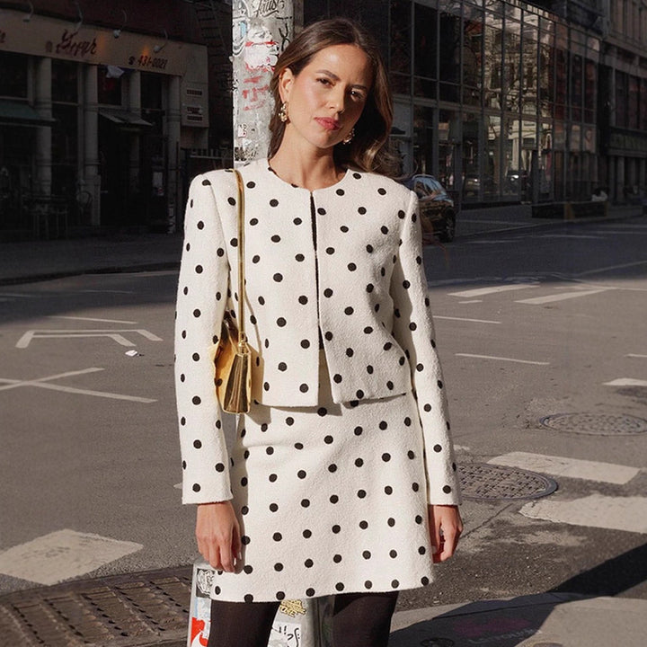 Damen Zweiteiliges Bouclé-Set mit kurz geschnittener Jacke und A‑Linien Minirock Drune