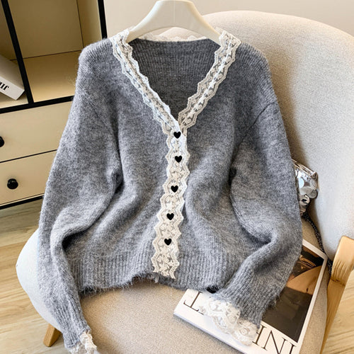 Damen Eleganter Strickpullover mit Spitzenverzierung Drune