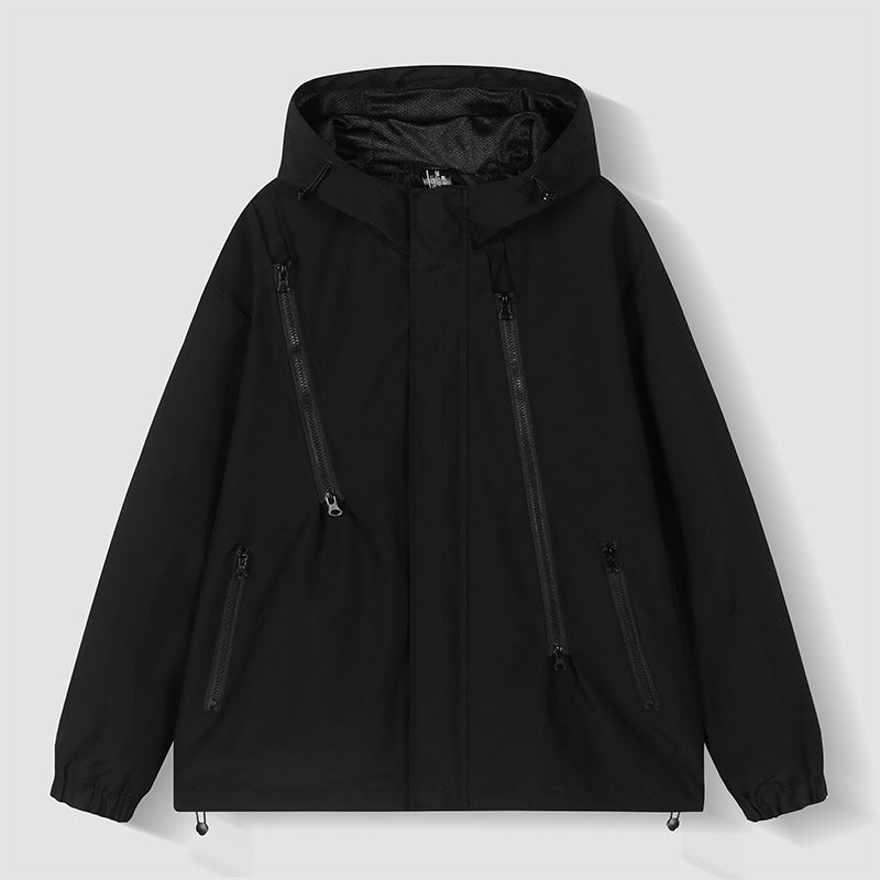 Herren wasserabweisende Kapuzenjacke mit diagonal verlaufenden Reißverschlüssen und verstellbarem Saum Drune