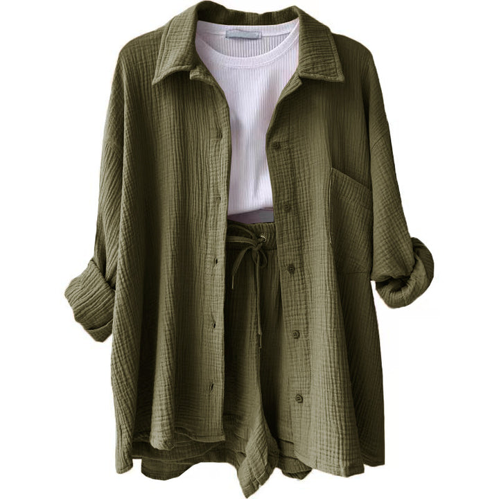 Damen lässiges Komfort-Set aus kurzem Top und Oversized-Hemd Drune