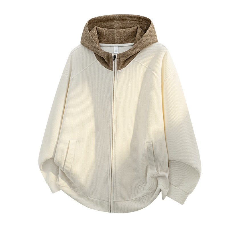 Damen Oversize Strick-Kapuzenjacke mit durchgehendem Reißverschluss, Kontrastkapuze & geripptem Strukturmix Drune