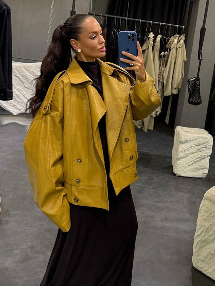 Damen Oversized Kunstlederjacke mit doppelter Knopfleiste und modischem Schnitt Drune