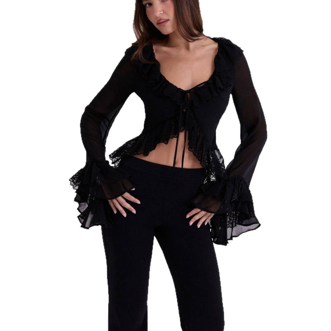 Damen Chiffon-Bluse mit Spitzenbesatz Drune