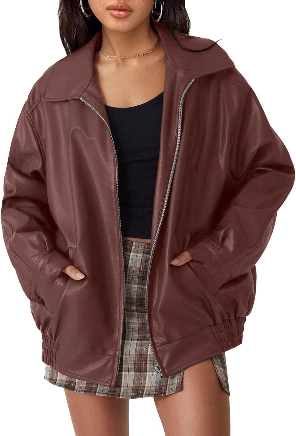 Damen lässige Kunstlederjacke mit weitem Schnitt und praktischen Taschen Drune