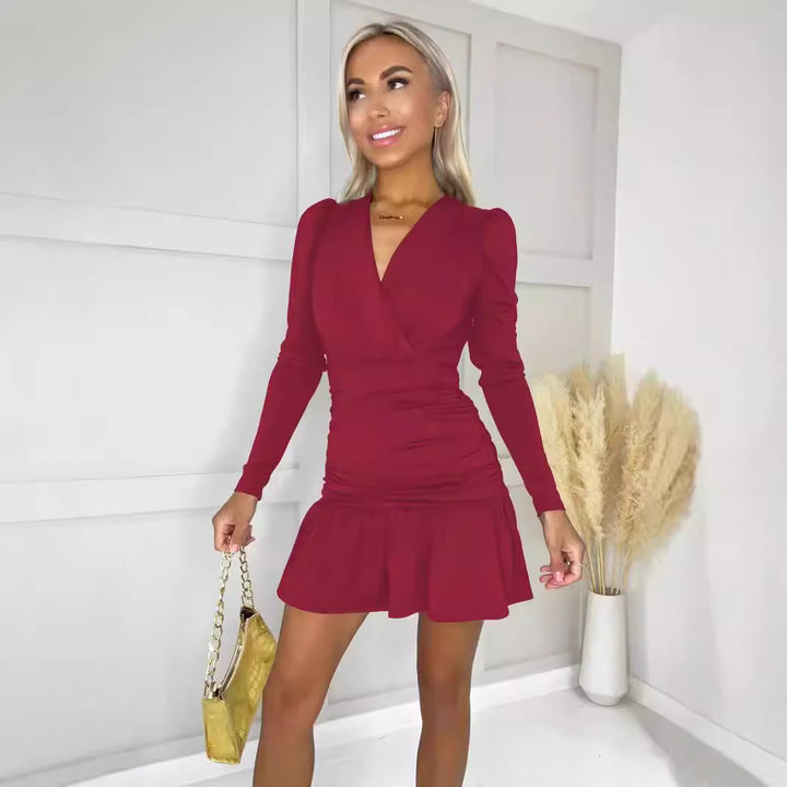 Damen Figurumspielendes Wickelkleid mit langen Ärmeln und Rüschensaum Drune