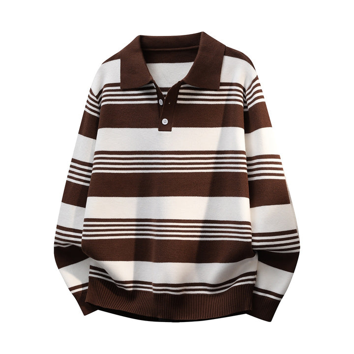 Damen Oversize Langarm-Polo-Strickpullover mit Retro-Streifen und Brustknopfleiste Drune