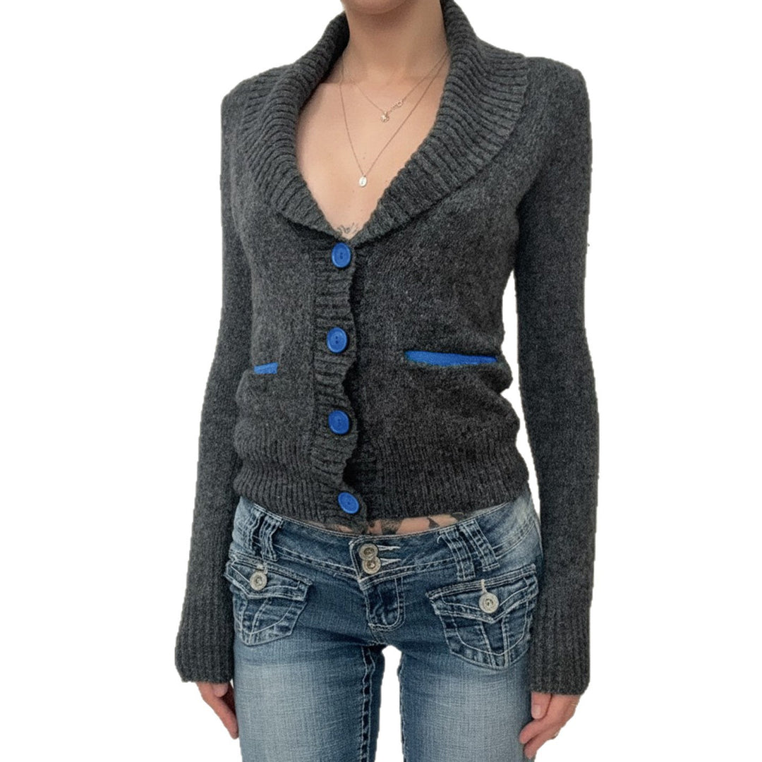 Damen Kurze Strickcardigan mit Schalkragen und kontrast Taschen Drune