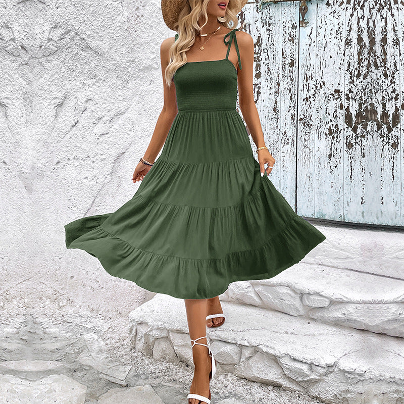 Damen Maxi-Kleid mit luftigem Rüschensaum und verstellbaren Trägern Drune