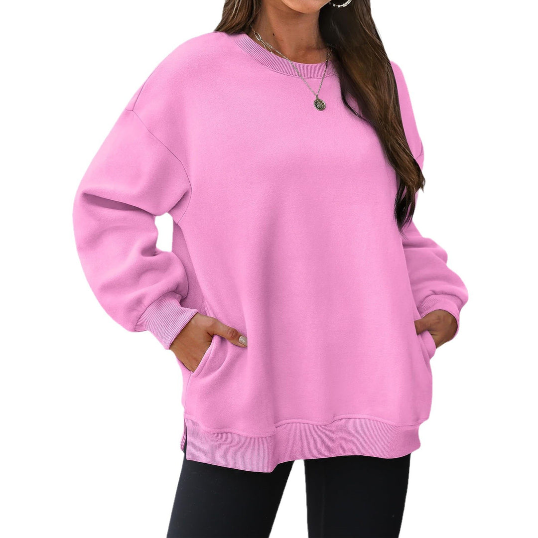 Damen nan verlängertes Oversize Rundhalspullover mit seitlichen Eingrifftaschen, Rippbündchen und überschnittener Schulter Drune