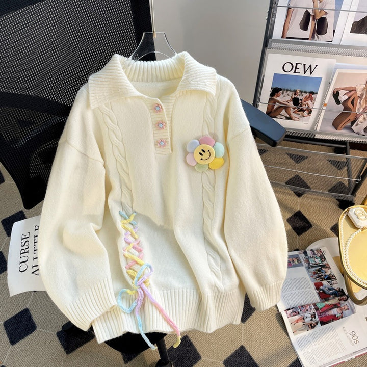 Damen Grobstrickpullover mit farbenfrohen Applikationen und rippstrukturiertem Kragen Drune