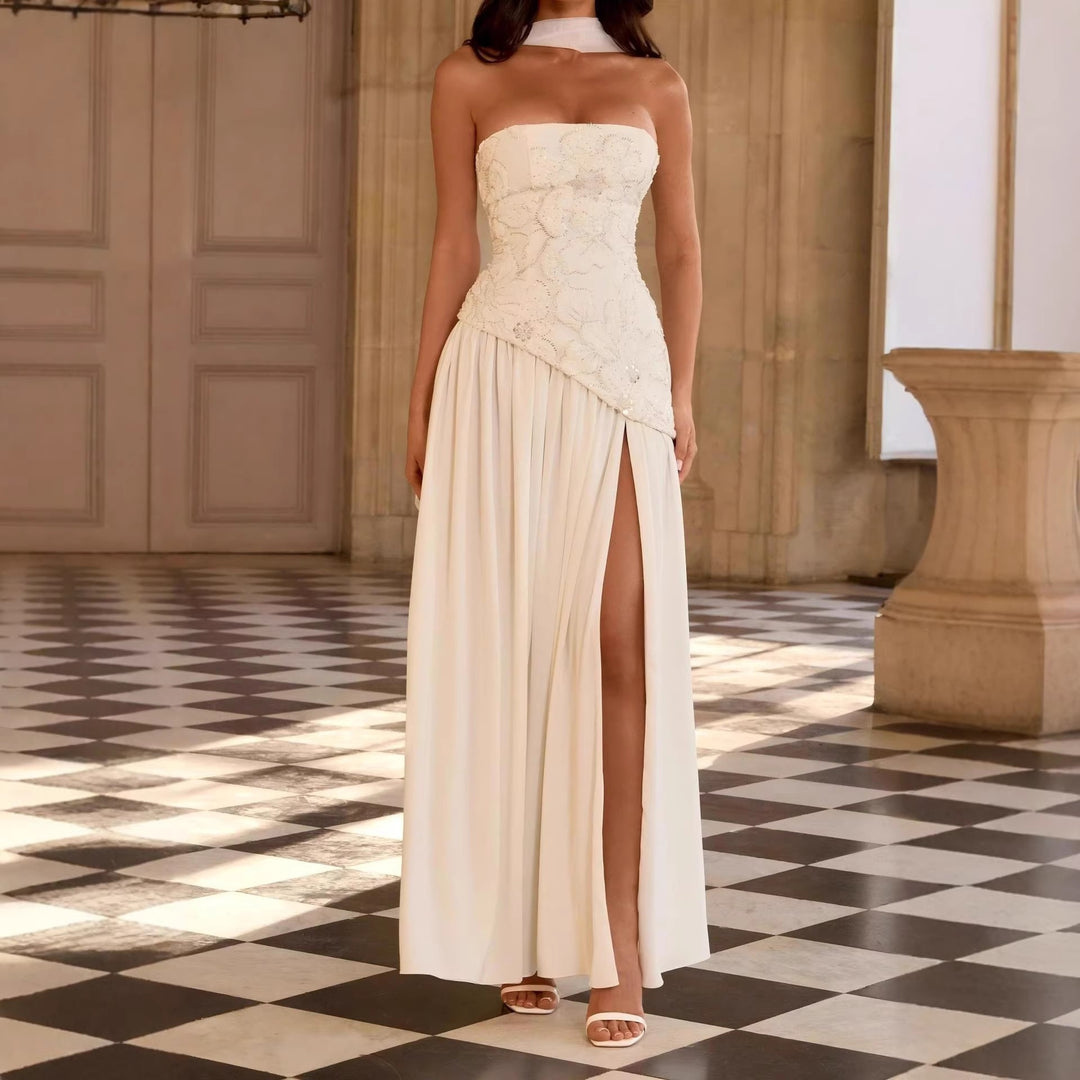 Damen Strapless Abendkleid mit seitlichem Schlitz und floralen Applikationen Drune