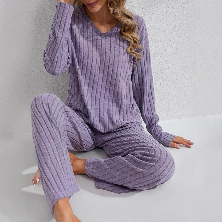 Damen Zweiteiliges geripptes Lounge-Set mit V-Ausschnitt und weitem Bein Drune