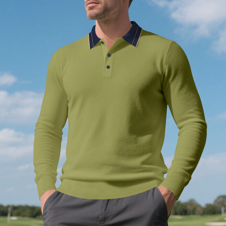 Herren elegantes Langarm-Polohemd mit kontrastierendem Kragen und modischen Knopfdetails Drune