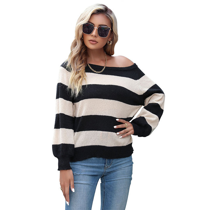 Damen Schulterfreier Feinstrickpullover mit breiten Blockstreifen und elastischem Saum Drune