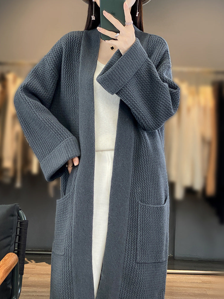Damen Langer Oversize-Strickcardigan mit Strukturmuster und aufgesetzten Taschen Drune