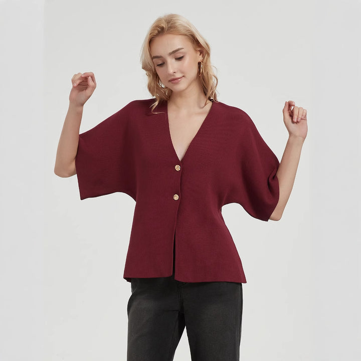 Damen modische Strickjacke mit tiefem V-Ausschnitt und eleganter Knopfleiste Drune