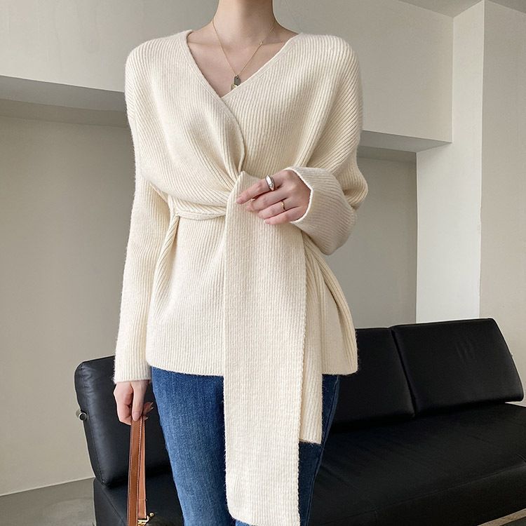 Damen modische Bluse mit Wickeldesign und Binde-Gürtel Drune