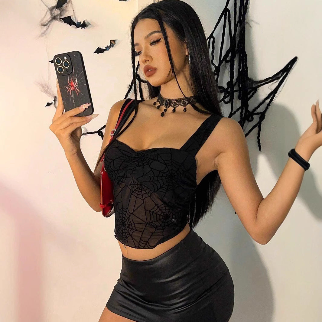 Damen nan transparentes Netz-Crop-Top mit Spinnennetz-Print, taillierter Silhouette und breiten Trägern Drune