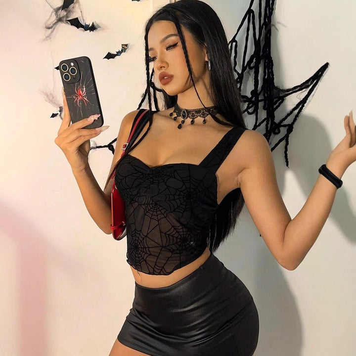 Damen nan transparentes Netz-Crop-Top mit Spinnennetz-Print, taillierter Silhouette und breiten Trägern Drune