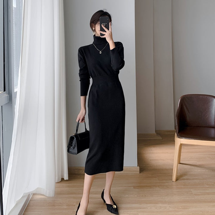 Damen elegantes Strickkleid mit hohem Kragen und taillierter Silhouette Drune