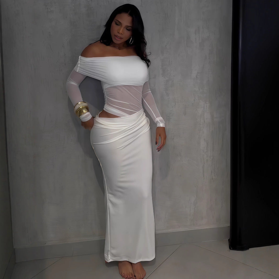 Damen Maxi-Kleid mit schulterfreiem Design und eleganter Drapierung Drune
