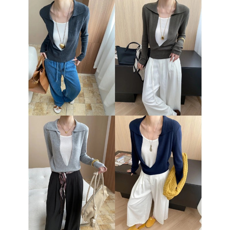 Damen eleganter Pullover mit tiefem Ausschnitt und feinen Details Drune
