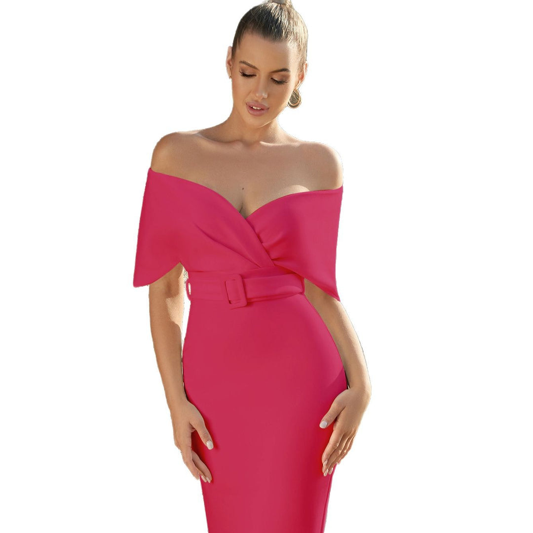 Damen Figurbetontes Kleid mit schulterfreier Drapierung und Taillengürtel Drune
