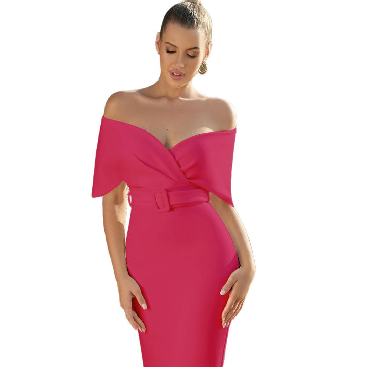 Damen Figurbetontes Kleid mit schulterfreier Drapierung und Taillengürtel Drune