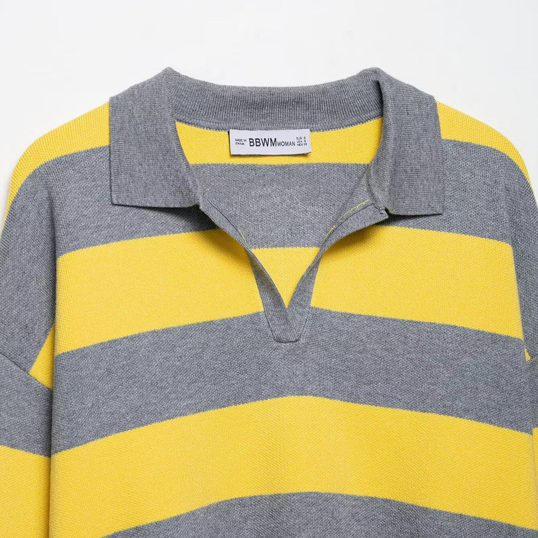 Damen Oversize Streifen-Rugby-Pullover mit offenem Polokragen und V-Ausschnitt Drune