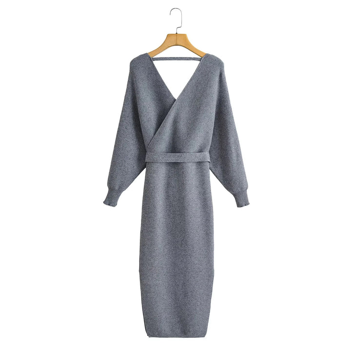 Damen nan gestricktes Wickelkleid mit Bindegürtel und V-Ausschnitt Drune