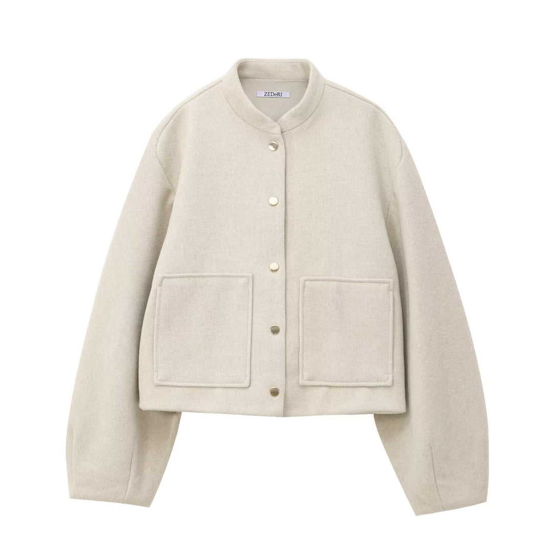 Damen Cropped Wollmix‑Jacke im Boxy‑Schnitt mit Stehkragen und aufgesetzten Taschen Drune