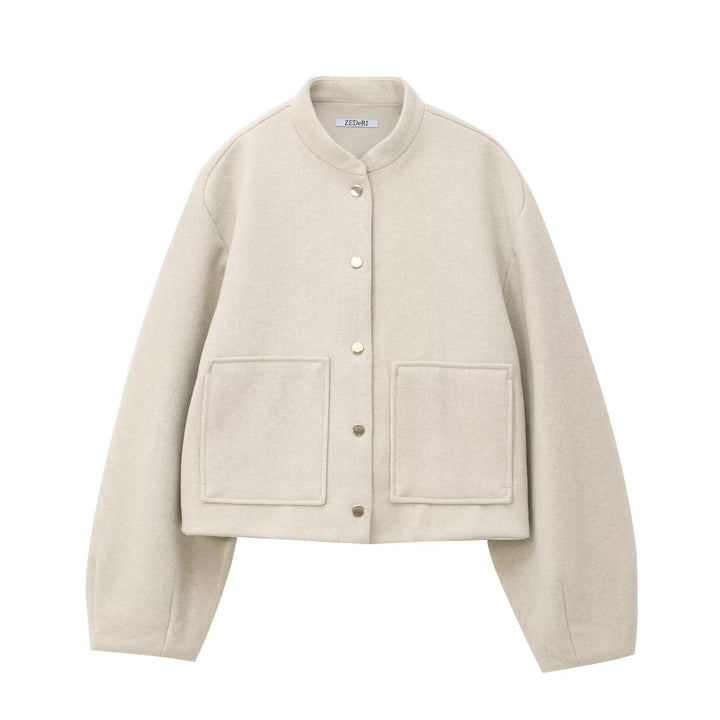 Damen Cropped Wollmix‑Jacke im Boxy‑Schnitt mit Stehkragen und aufgesetzten Taschen Drune