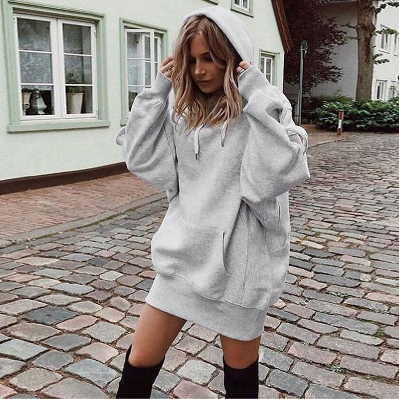 Damen Oversize Kapuzenkleid mit Kängurutasche Drune