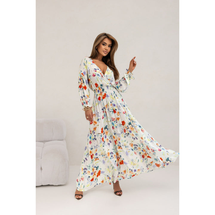 Damen Maxikleid mit tiefem V-Ausschnitt und voluminösen Ärmeln Drune