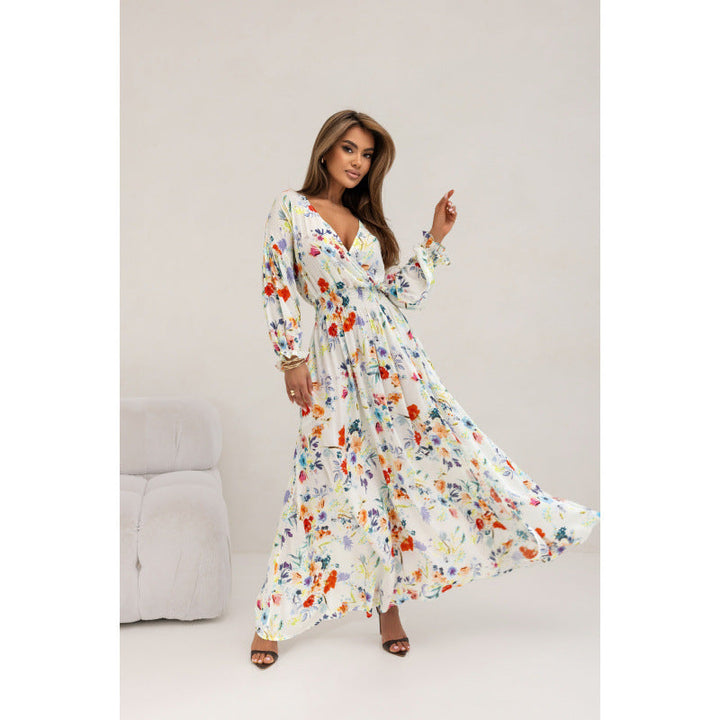 Damen Maxikleid mit tiefem V-Ausschnitt und voluminösen Ärmeln Drune
