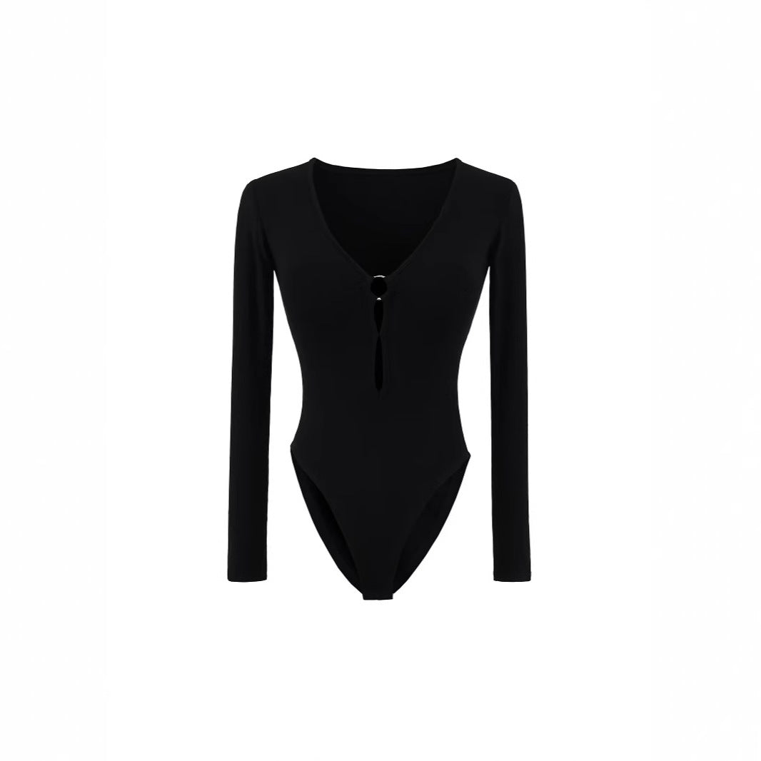 Damen Langarm Bodysuit mit elegantem V-Ausschnitt und dekorativem Ringdetail Drune